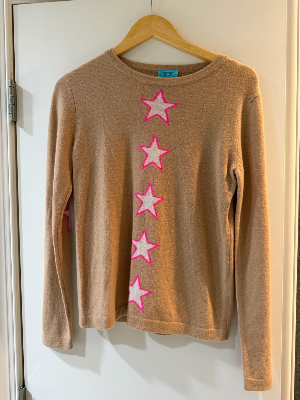Womens Camel Crewneck Sweater with Pink Star Trim